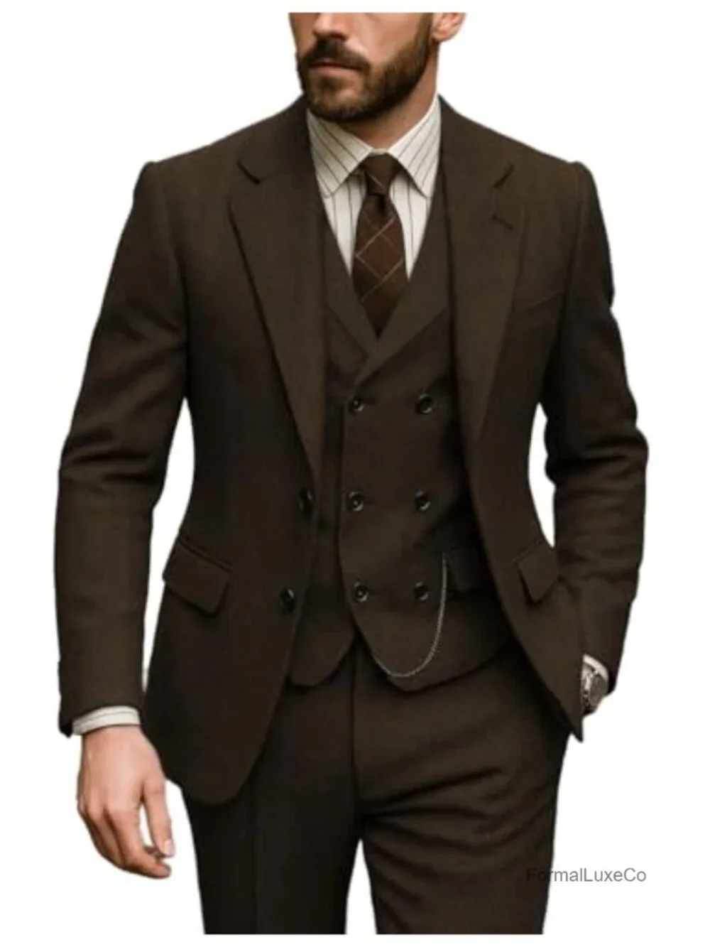 3 Piece Men's Tuxedo Suit Regular Fit Tweed Herringbone Double Breasted Blazer